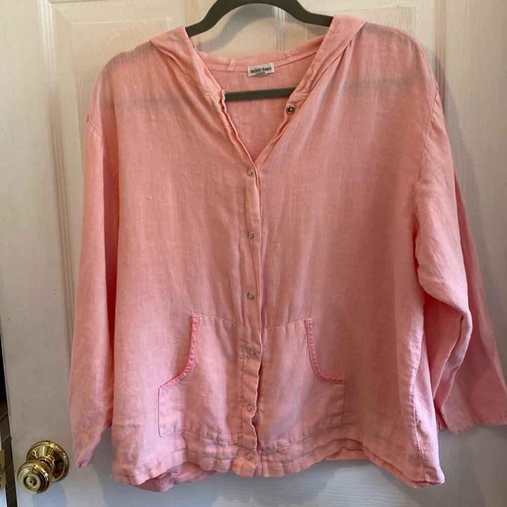 Subtle Tones peach linen hooded snap down closure top or jacket